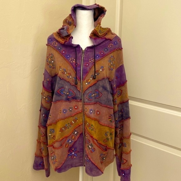 Studio Produce hand painted Cotton Jacket Hoodi Sweatshirt Womens L Boho Artsy - Picture 1 of 8
